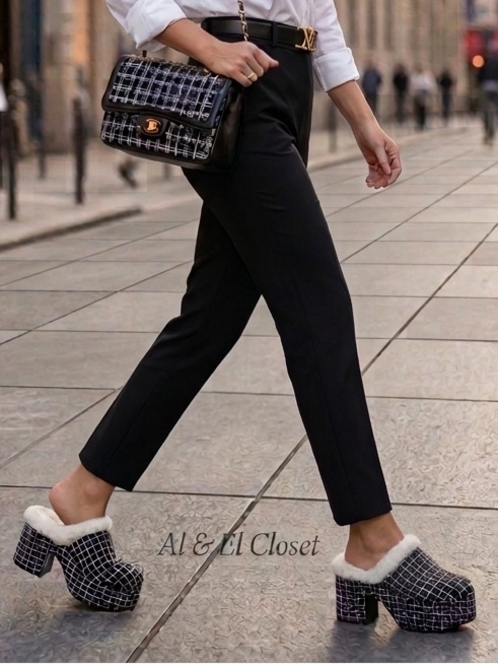 Larroudé Miso Clog platform heels in black tweed with shearling 8.5